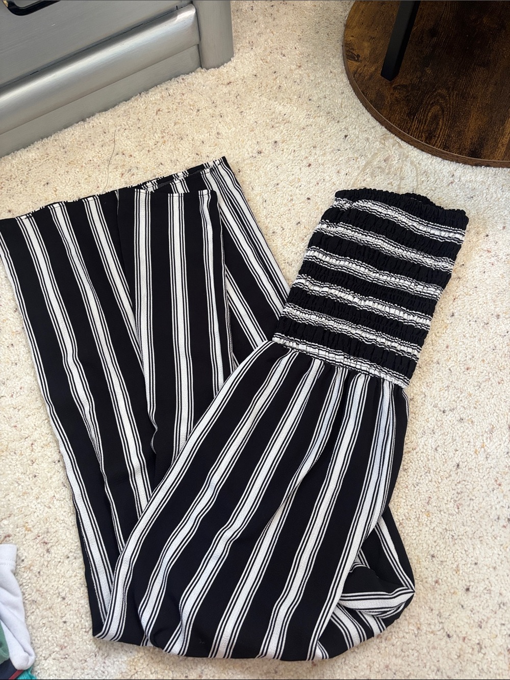 Mlle Gabrielle Black and White Striped Smocked-Waist Jumpsuit
